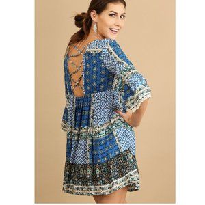 Umgee Blue Patchwork Open Back Bohemian Dress